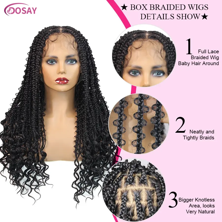 24" Butterfly Braids With Curl Ends Synthetic Knotless Box Braided Wigs For Black Women Goddess Full Lace Front Wig Braided Wigs