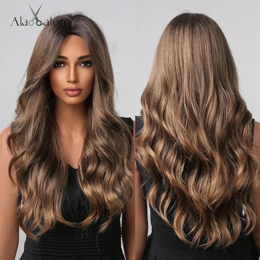 ALAN EATON Medium Brown Long Wavy Wig Synthetic Hair Wigs for Women Female African American Mixed Blonde Highlight Wigs Cosplay