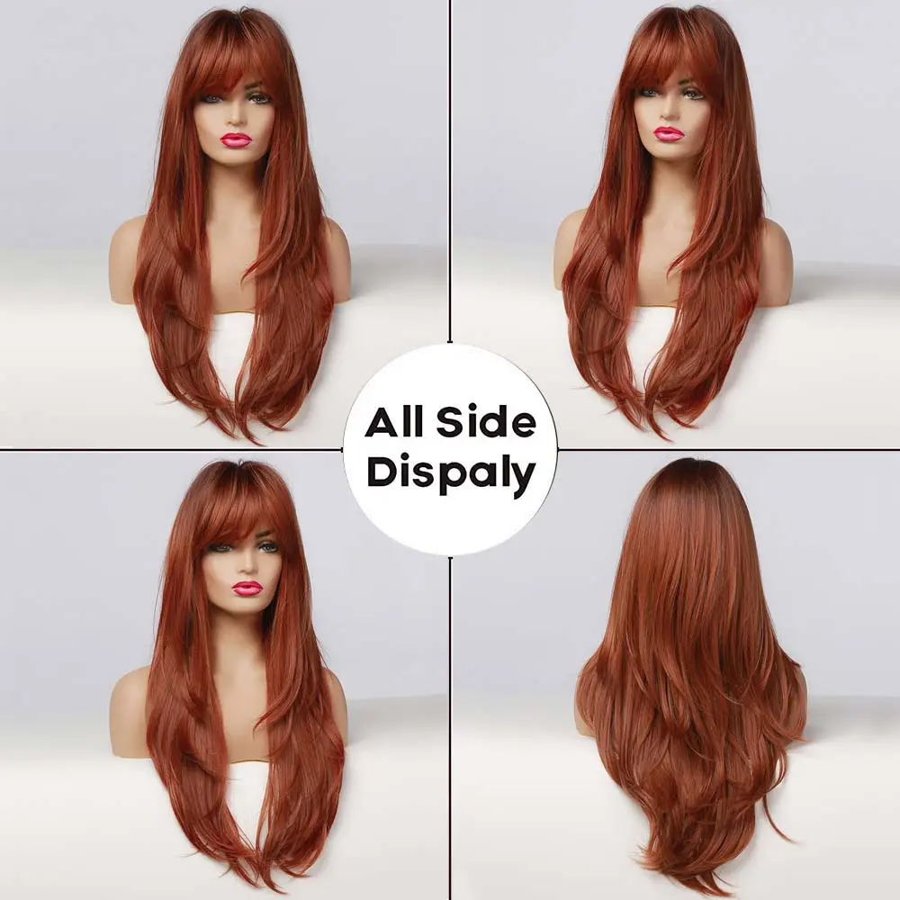 EASIHAIR Red Brown Dark Root Synthetic Long Wavy Wigs with Bangs Colored Fiber Hair Cosplay Wigs for Black Women Heat Resistant