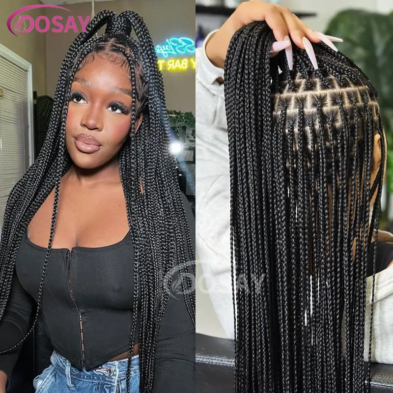 36" Full Lace Braided Wigs Synthetic Box Braids Lace Front Wigs Knotless Braided Wigs For Black Women Small Box Square Hair Wigs
