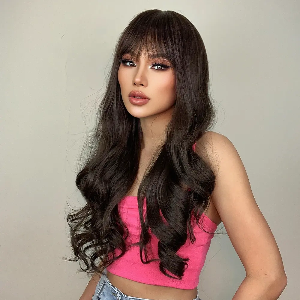 Dark Brown Long Wavy Synthetic Wig with Bangs Natural Wave Cosplay Daily Use Hair Wigs for Women Afro Heat Resistant