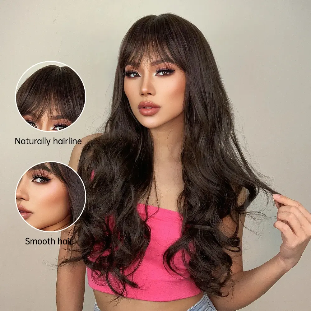 Dark Brown Long Wavy Synthetic Wig with Bangs Natural Wave Cosplay Daily Use Hair Wigs for Women Afro Heat Resistant