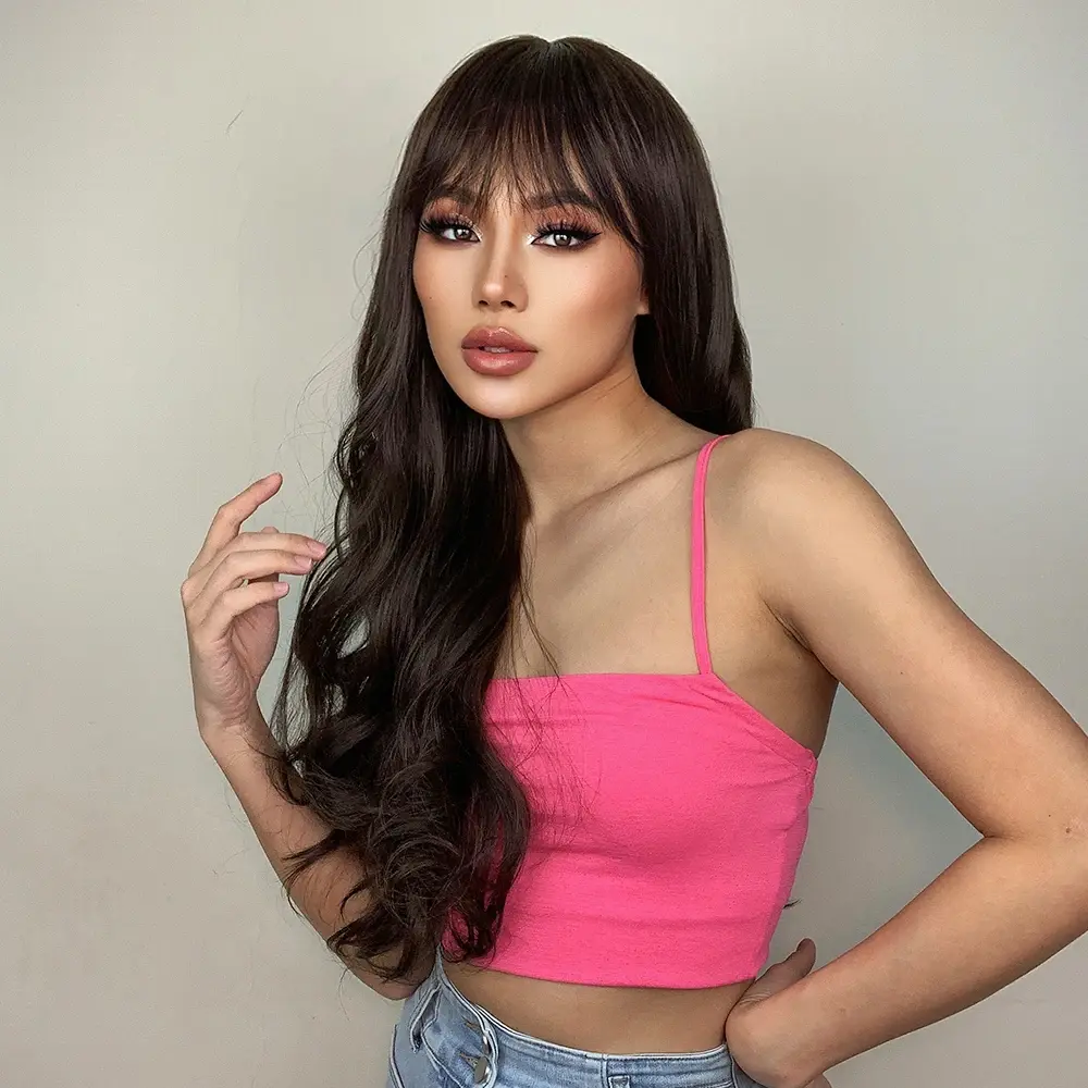 Dark Brown Long Wavy Synthetic Wig with Bangs Natural Wave Cosplay Daily Use Hair Wigs for Women Afro Heat Resistant