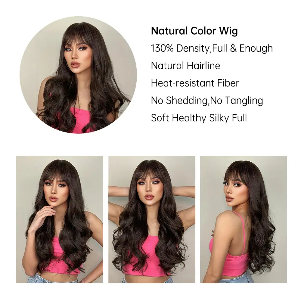 Dark Brown Long Wavy Synthetic Wig with Bangs Natural Wave Cosplay Daily Use Hair Wigs for Women Afro Heat Resistant