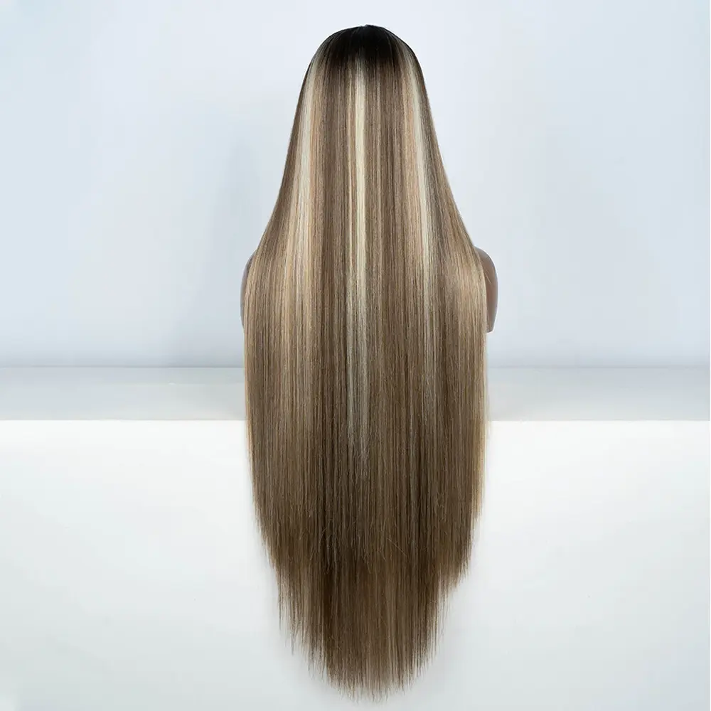 Synthetic Lace Front Wigs Highlight Brwon Blonde Black Wig For Women Long Straight  Lace WIg 38Inch Synthetic Heat Resistant Wig