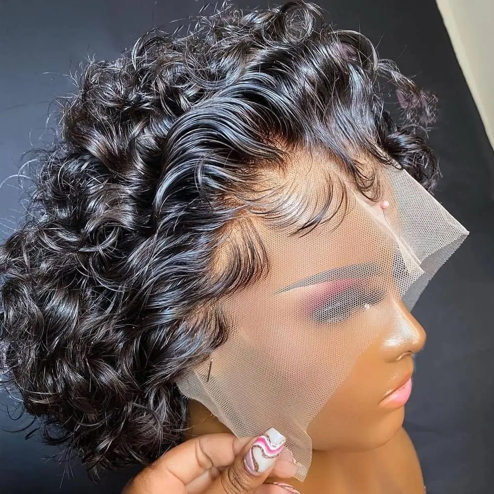 13x1 Pixie Curly Human Hair Wig Pixie Cut Curly Transparent Lace Wigs Brazilian Remy 100% Human Hair Wigs For Black Women