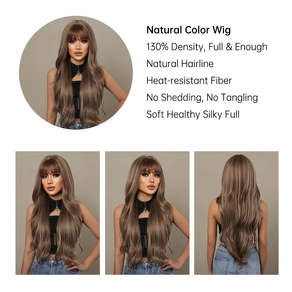 EASIHAIR Brown Mixed Blonde Synthetic Wigs with Bang Long Natural Wavy Hair Wig for Black Women Daily Cosplay Use Heat Resistant