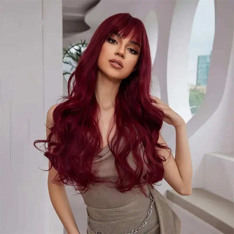 Red wine color 26-inch synthetic wig with big waves for Halloween cosplay, daily use wig, high-temperature hair fiber wig set