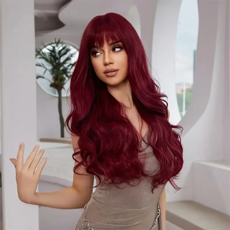 Red wine color 26-inch synthetic wig with big waves for Halloween cosplay, daily use wig, high-temperature hair fiber wig set