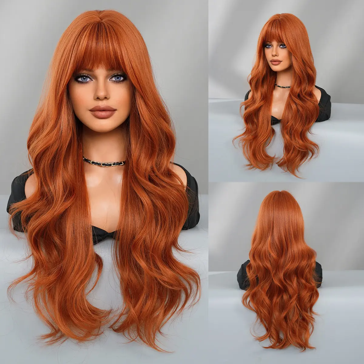 New Orange Wigs Bangs Long curly hair straight bangs Synthetic fiber high-temperature silk mechanism wig Dark Orange Wigs