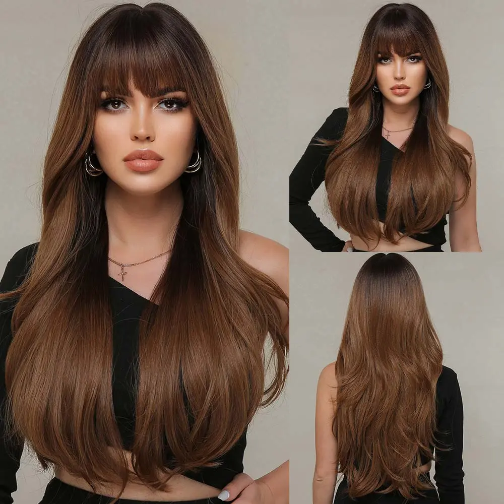 ALAN EATON Dark Brown Long Wavy Synthetic Wigs with Bangs Layered Natural Wave Wigs for Women Heat Resistant Cosplay Daily Hair