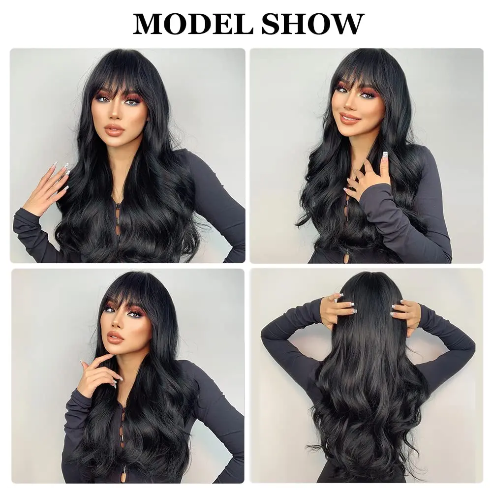 Black synthetic wig with big waves for Halloween party, cosplay wig, daily wig, high-temperature hair accessory wig set