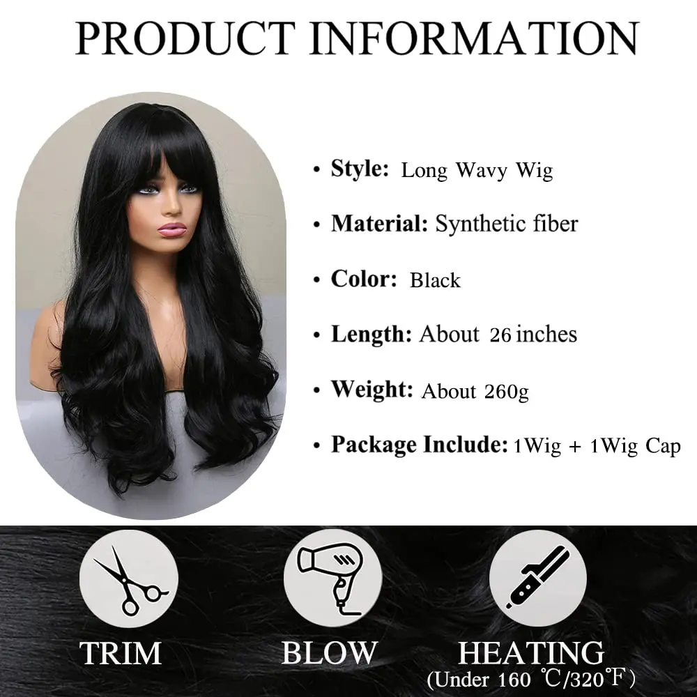 Black synthetic wig with big waves for Halloween party, cosplay wig, daily wig, high-temperature hair accessory wig set