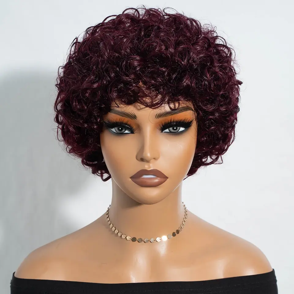 Brazilian Short Bob Pixie Afro Kinky Curly Wigs With Bangs For Black Women Natural Brown 99J Full Machine Made Human Hair Wigs