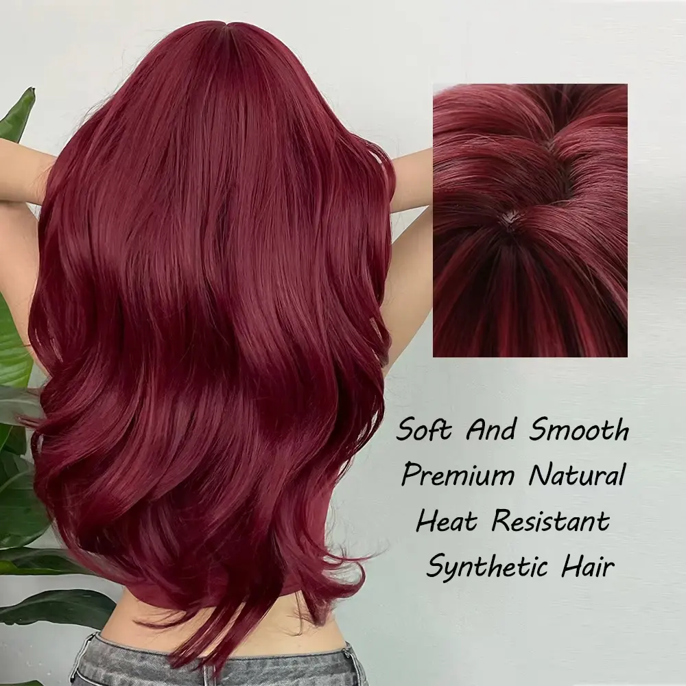 Red wine color synthetic wig with big waves for Halloween party, Cosplay wig, everyday wig, high-temperature hair fiber wig set
