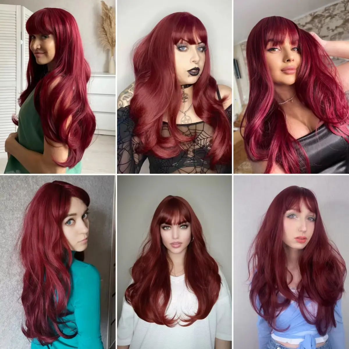 Red wine color synthetic wig with big waves for Halloween party, Cosplay wig, everyday wig, high-temperature hair fiber wig set