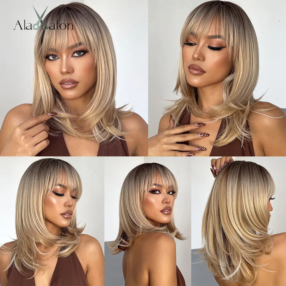ALAN EATON Synthetic Wigs Long Straight Layered Hairstyle Ombre Black Brown Blonde Gray Ash Full Wigs with Bangs for Black Women