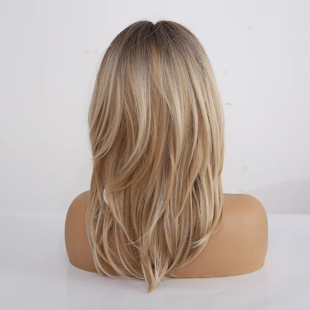ALAN EATON Synthetic Wigs Long Straight Layered Hairstyle Ombre Black Brown Blonde Gray Ash Full Wigs with Bangs for Black Women