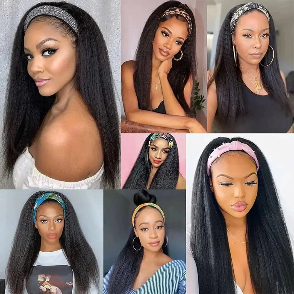 Kinky Straight Headband Wig Human Hair Wig Full Machine Made Brazilian Human Hair Wigs For Black Women 180%  Density