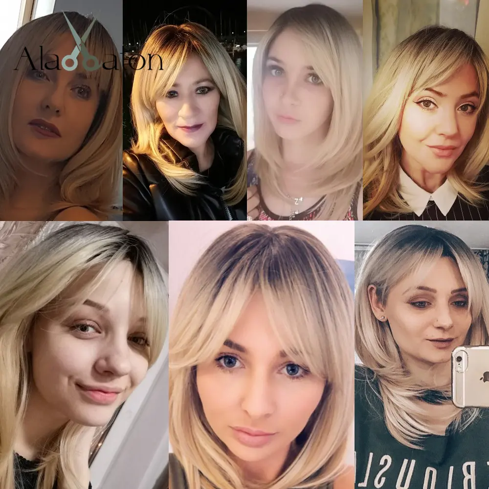 ALAN EATON Synthetic Wigs Long Straight Layered Hairstyle Ombre Black Brown Blonde Gray Ash Full Wigs with Bangs for Black Women