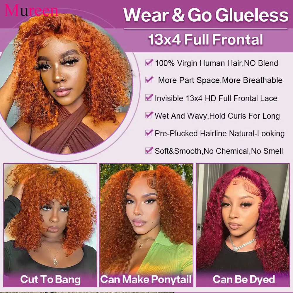 Ginger Orange Bob Wig Deep Wave Lace Front Wig Human Hair Water Wave 13x4 Pre Plucked HD Lace Front Human Hair Wigs For Women