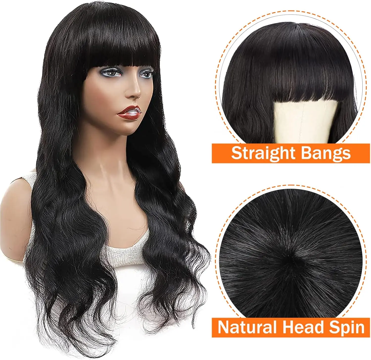 180% Density Bang Wig Human Hair Body Wave Wig Human Hair With Bangs Wig 100% Brazilian Remy Human Hair For Women 26inch