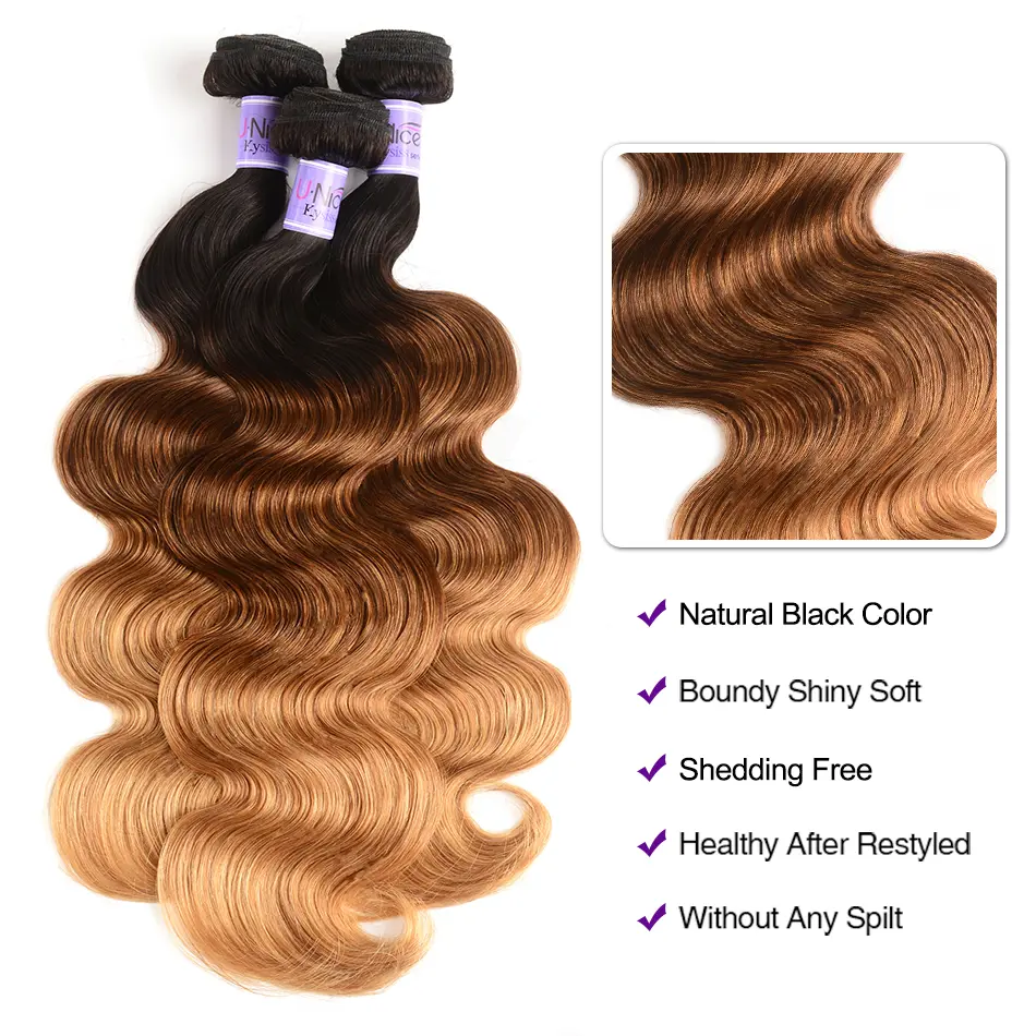 UNice Hair Kysiss Series Ombre Hair 3 Bundles Body Wave  Brazilian Hair Weave Bundles 3 Tone Blonde T1B/4/27 Virgin Human Hair