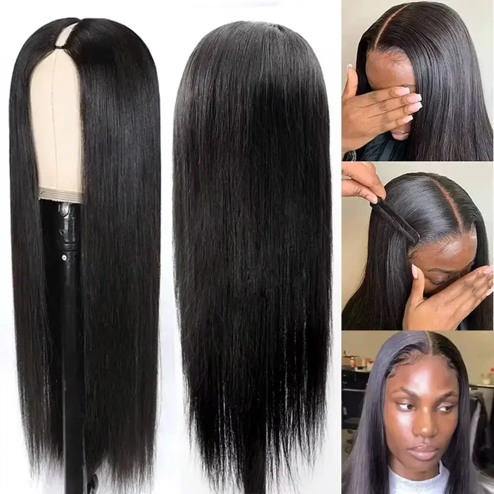 100% Human Hair Glueless V Part Straight Wig Upgraded 200% Density Remy Human Hair Brazilian 32 Inch Natural Color Wig For Women