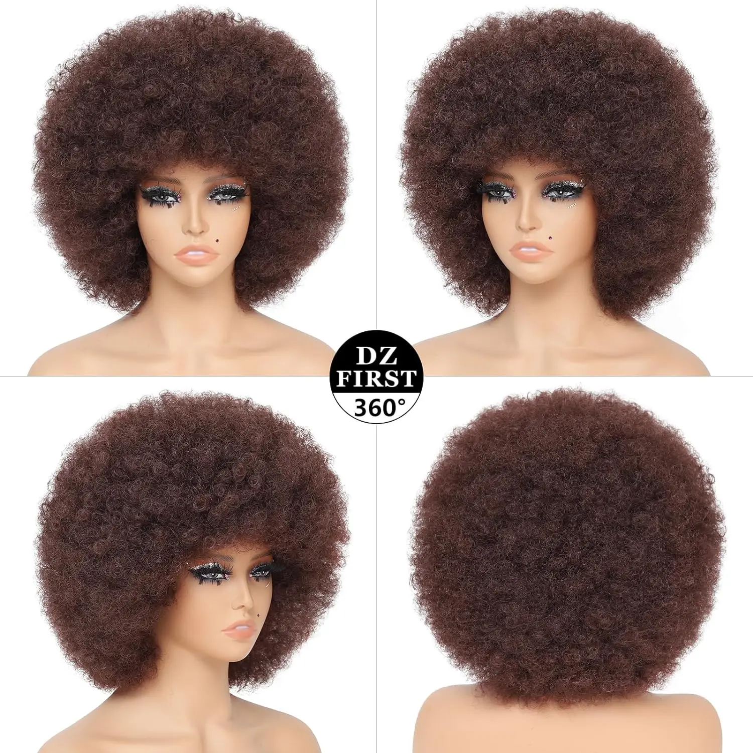 Synthetic Hair Afro Kinky Curly Blonde Wig For Women Mix Brown 70s Machine Made Huge With Bangs Short Bouncy For Daily Party Use