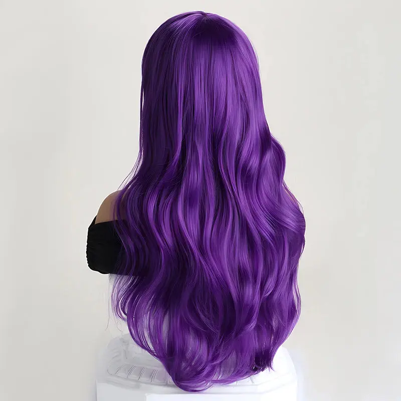 Purple 26-inch synthetic wig with big waves for Halloween cosplay, daily costume, holiday wig, high-temperature hair accessory