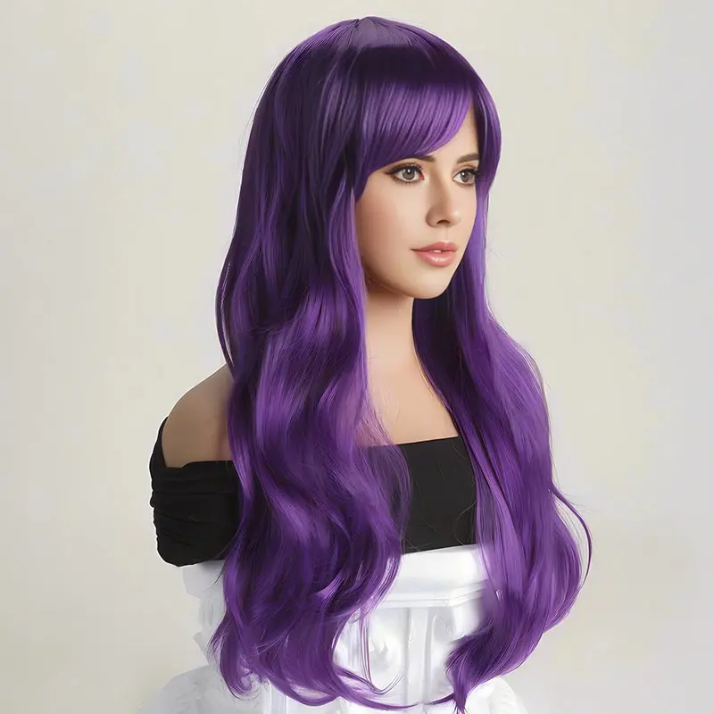 Purple 26-inch synthetic wig with big waves for Halloween cosplay, daily costume, holiday wig, high-temperature hair accessory