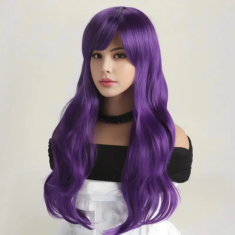 Purple 26-inch synthetic wig with big waves for Halloween cosplay, daily costume, holiday wig, high-temperature hair accessory
