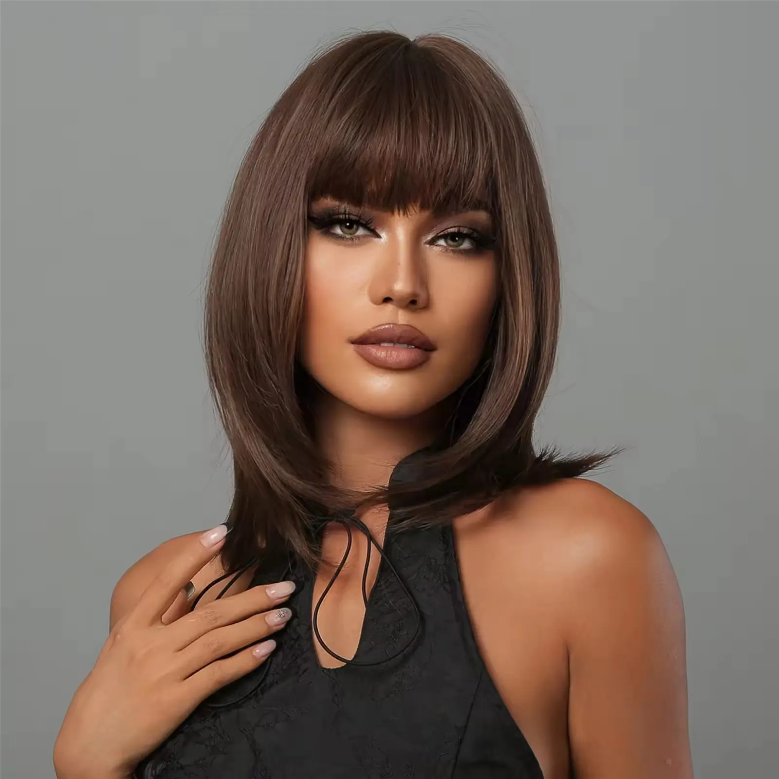 ALAN EATON Brown Synthetic Wigs for Women Shoulder length Hair with Bangs Straight Dark Brown Wig Daily Use Heat Resistant Fiber