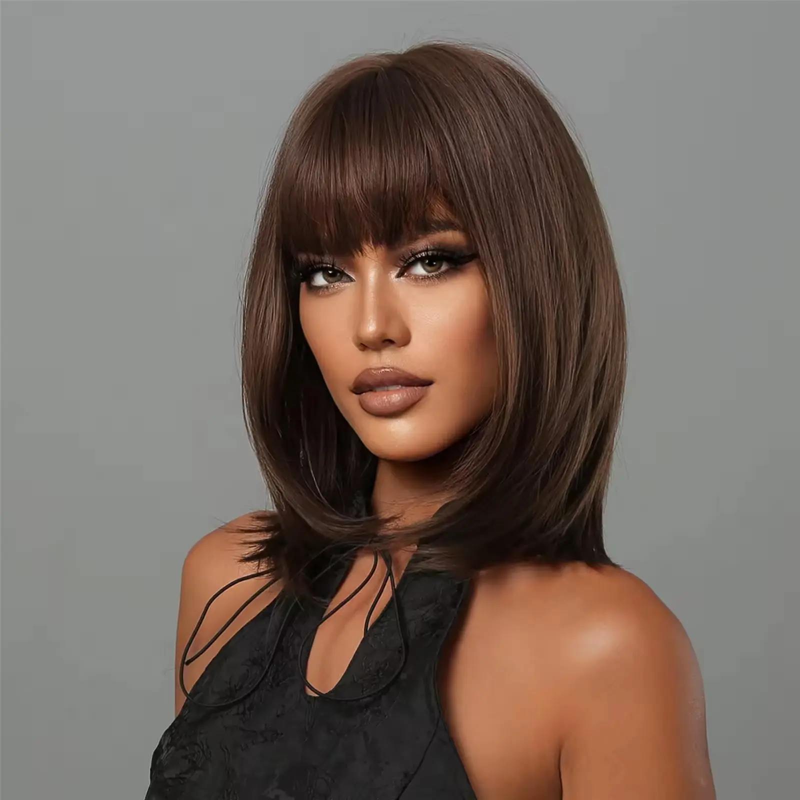 ALAN EATON Brown Synthetic Wigs for Women Shoulder length Hair with Bangs Straight Dark Brown Wig Daily Use Heat Resistant Fiber