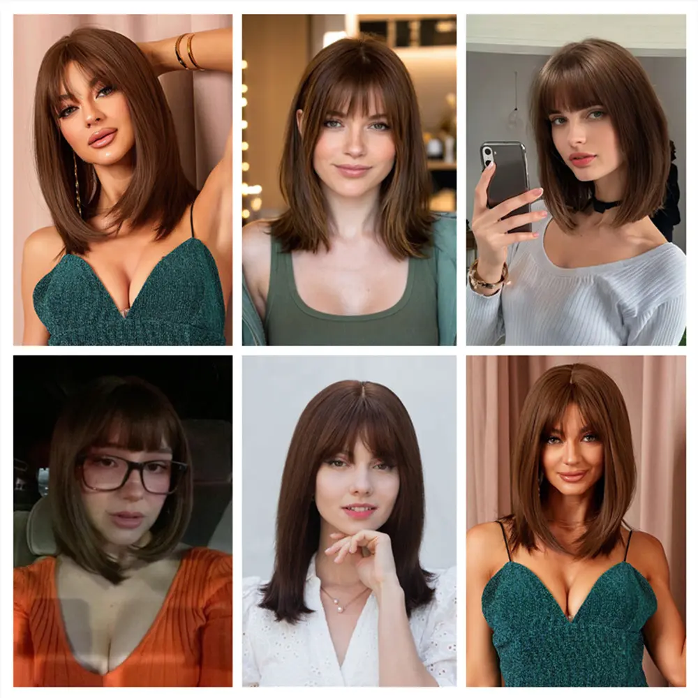 ALAN EATON Brown Synthetic Wigs for Women Shoulder length Hair with Bangs Straight Dark Brown Wig Daily Use Heat Resistant Fiber