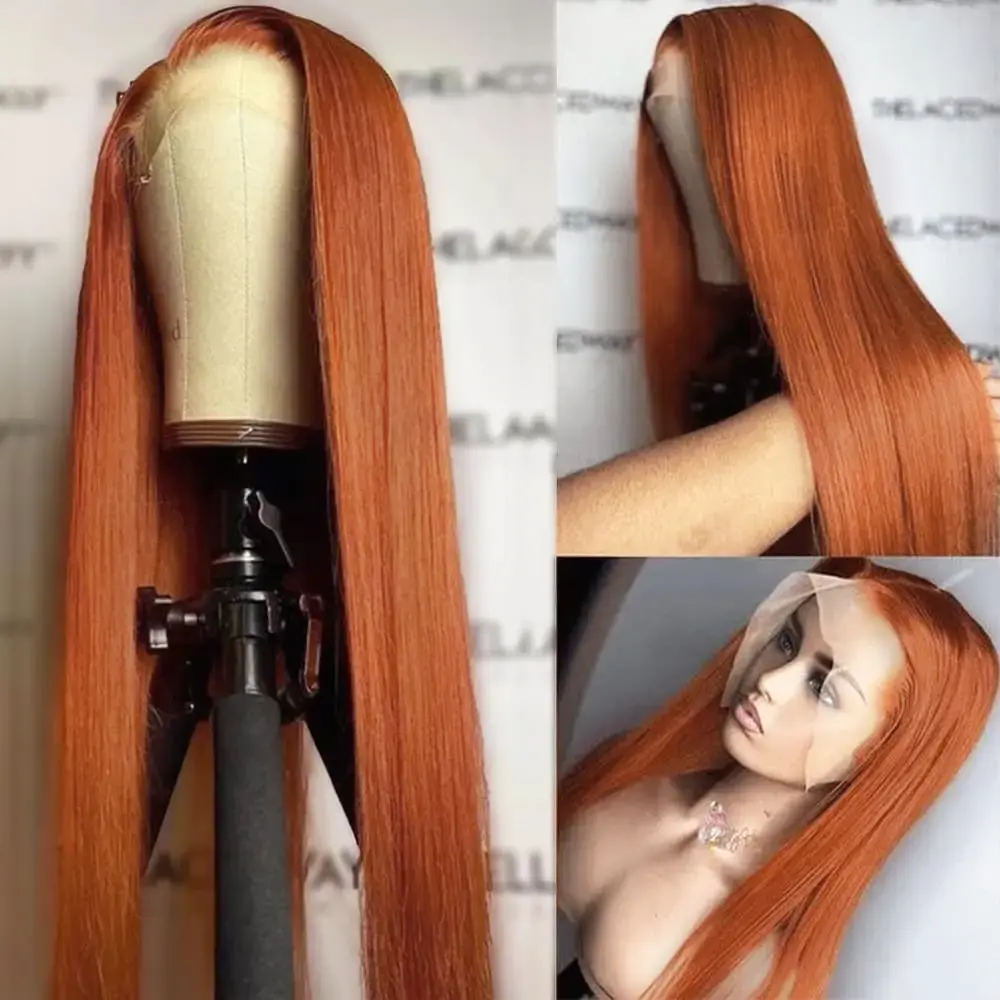 Ginger Orange Color Long Straight Hair 13*4 Lace Front Wigs Copper Red Hair Glueless Pre Plucked Synthetic Lace Front Wigs