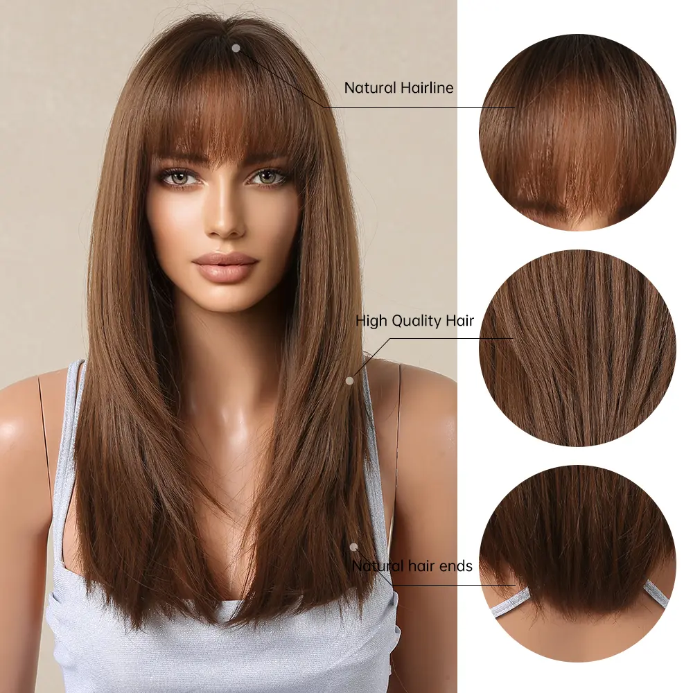 Brown Long Straight Layered Synthetic Wigs with Bangs for Women Afro Brown Daily Natural Cosplay Wig Heat Resistant Fake Hair