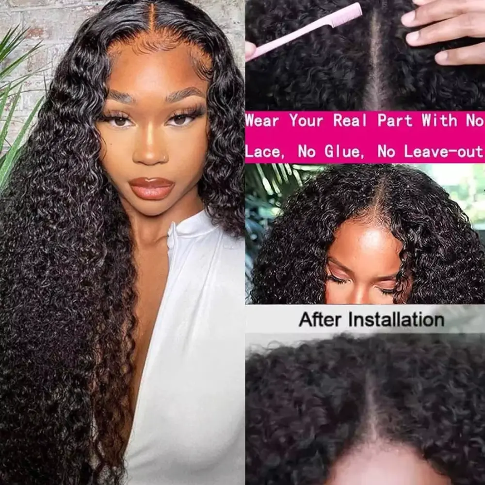 V Part Wig Human Hair Curly for Black Woman 200 Density Water Wave Wigs Brazilian 30 32 Inch Natural Color Full Machine Made Wig