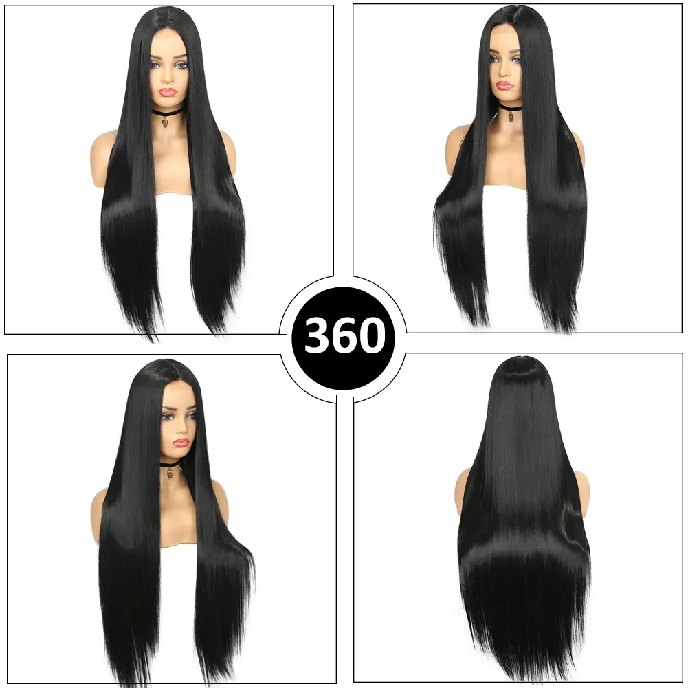 Wignee Long Straight Wig 30 Inch Black Wig Middle Part Lace Wigs With High Lights Synthetic Hair Wigs For Black Women Cosplay