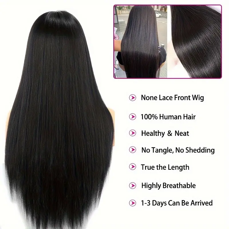 Alimice Wear and Go Straight Human Hair Wigs With Bangs Wavy Full Machine Made Non Lace Wig Natural Black Wig for Women