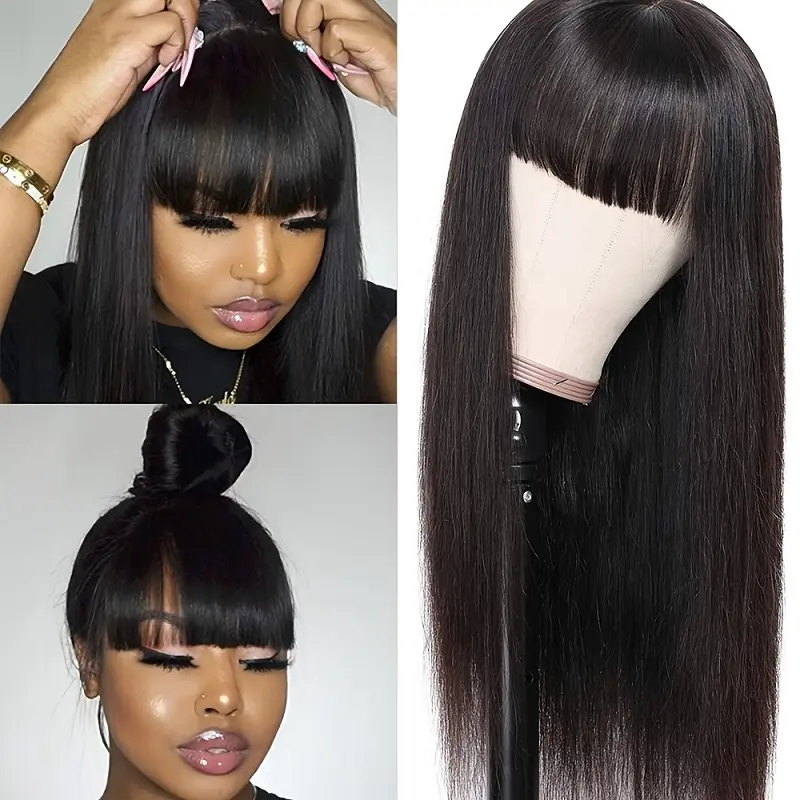 Alimice Wear and Go Straight Human Hair Wigs With Bangs Wavy Full Machine Made Non Lace Wig Natural Black Wig for Women