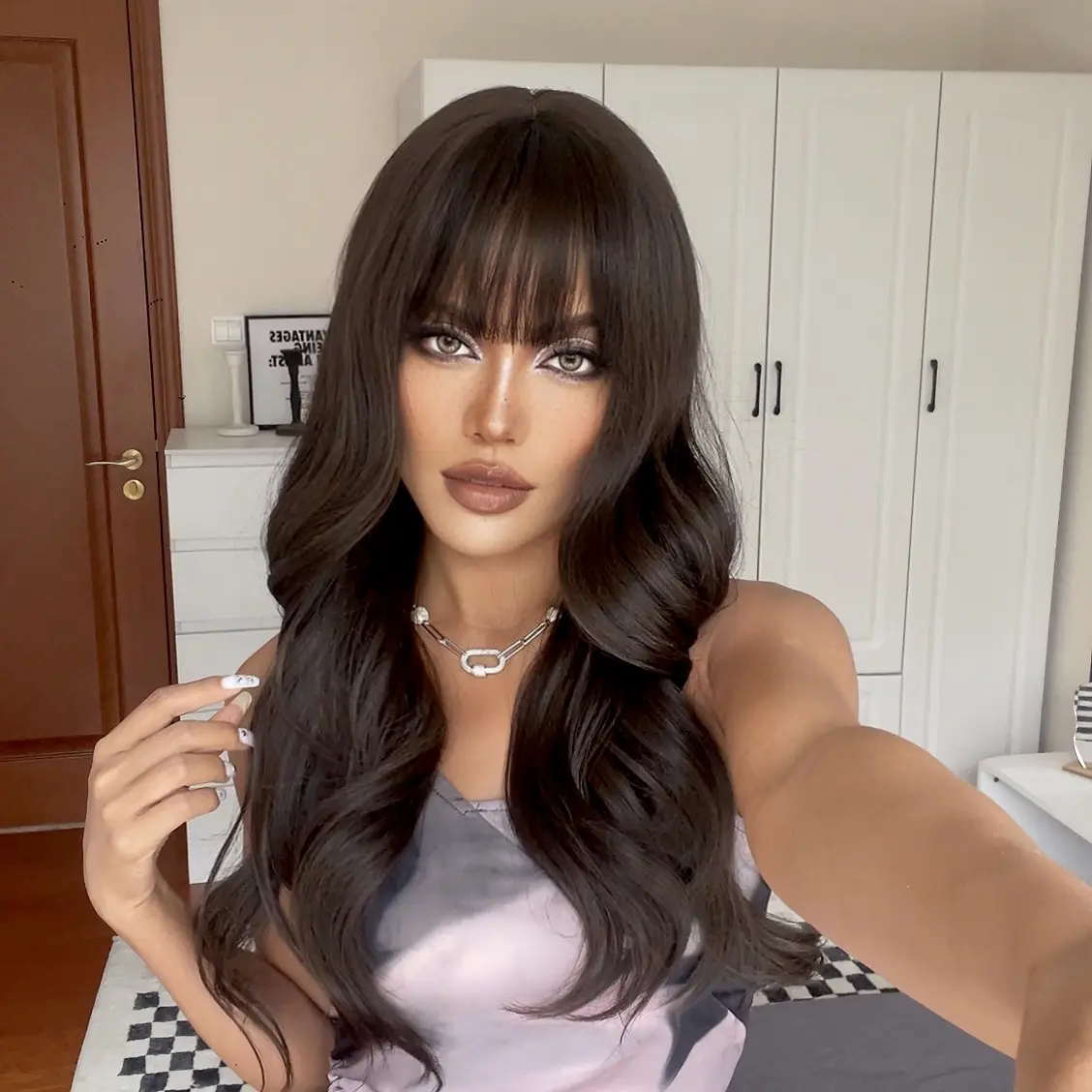 Dark Brown Long Wavy Synthetic Wig with Bangs Natural Wave Hair Cosplay Party Daily Use Wigs for Women Heat Resistant Fibre