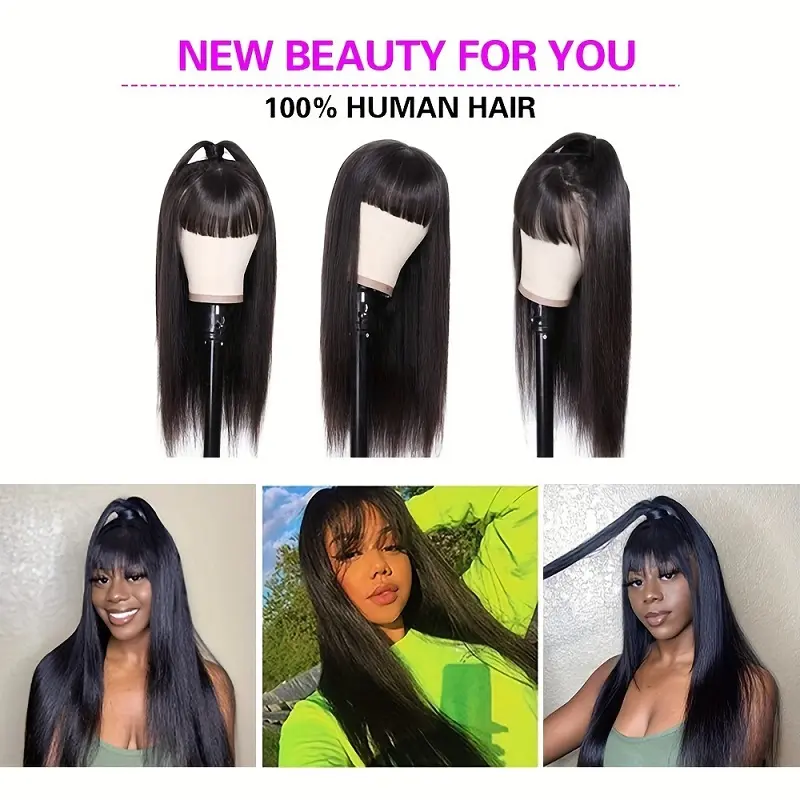 Alimice Wear and Go Straight Human Hair Wigs With Bangs Wavy Full Machine Made Non Lace Wig Natural Black Wig for Women