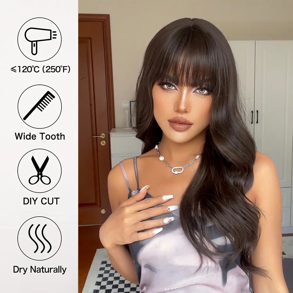 Dark Brown Long Wavy Synthetic Wig with Bangs Natural Wave Hair Cosplay Party Daily Use Wigs for Women Heat Resistant Fibre