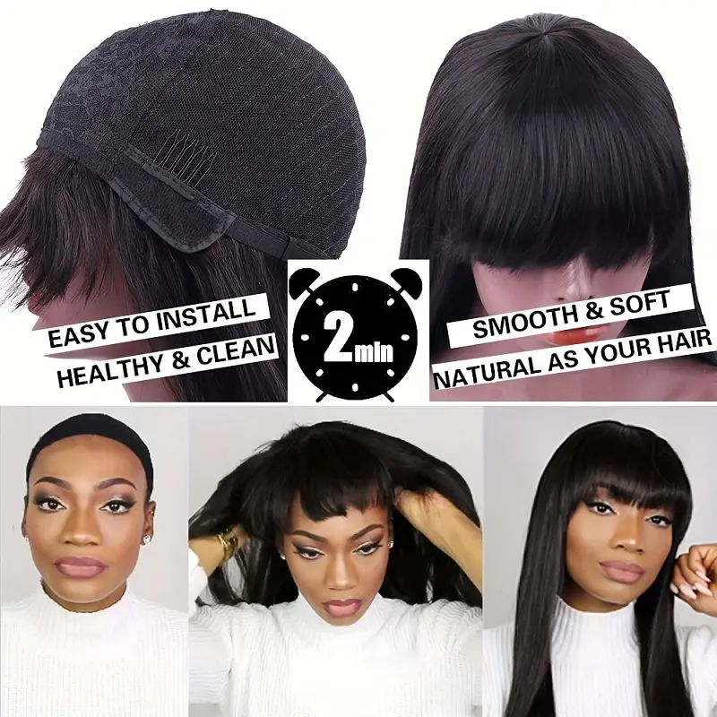 Alimice Wear and Go Straight Human Hair Wigs With Bangs Wavy Full Machine Made Non Lace Wig Natural Black Wig for Women