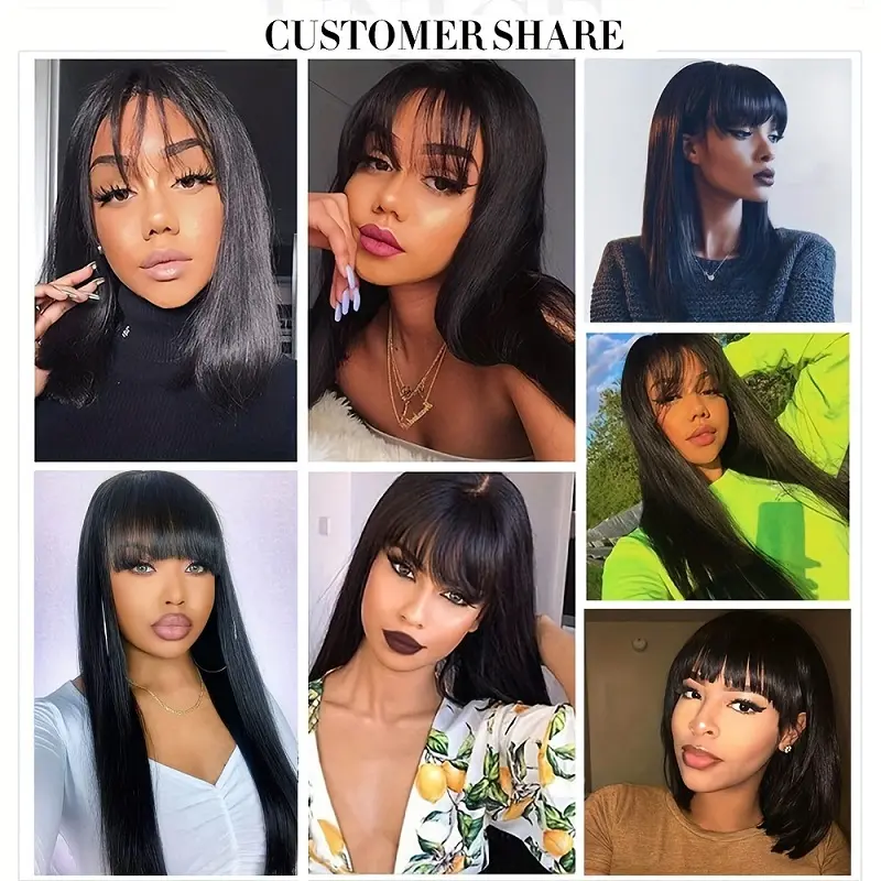 Alimice Wear and Go Straight Human Hair Wigs With Bangs Wavy Full Machine Made Non Lace Wig Natural Black Wig for Women