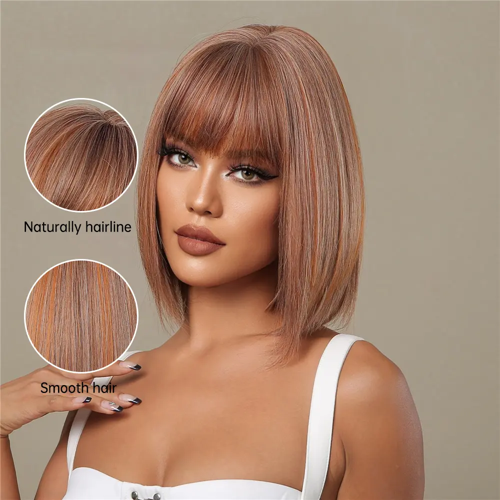 ALAN EATON Short Bob Wig with Bangs Copper Synthetic Wigs for Women Afro Brown Straight Hair Natural Cosplay Wig Heat Resistant