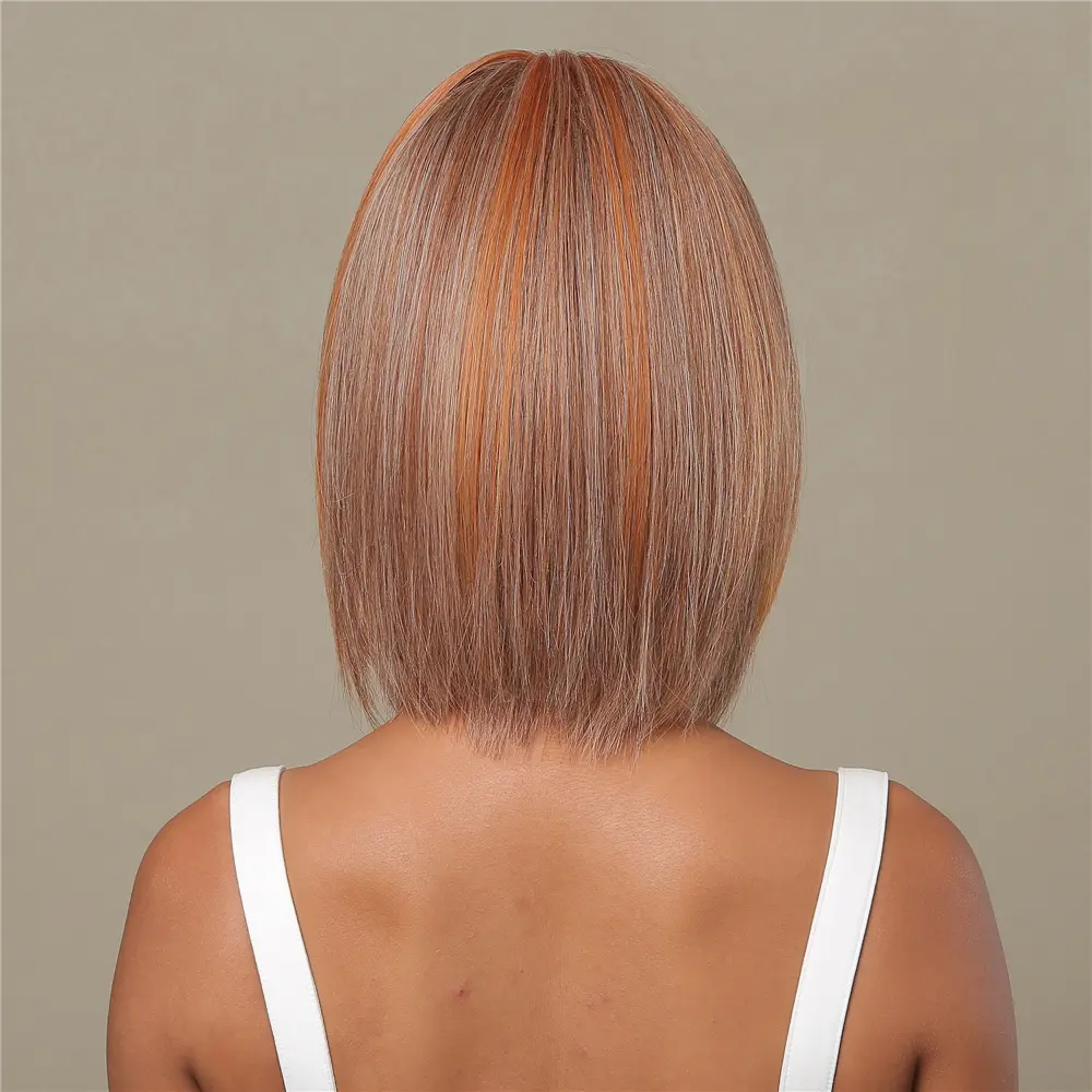 ALAN EATON Short Bob Wig with Bangs Copper Synthetic Wigs for Women Afro Brown Straight Hair Natural Cosplay Wig Heat Resistant