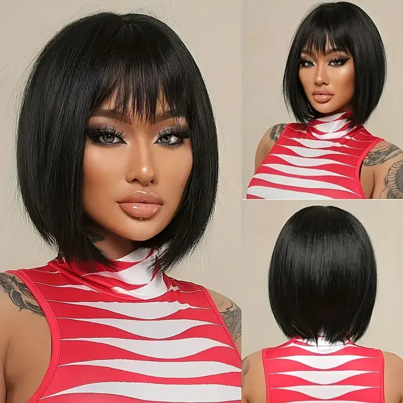 HAIRTIME HD Lace Straight Short Bob Glueless Wig with Bangs HD Lace 180% Density Glueless HD Lace Bob With Bang Glueless Wigs