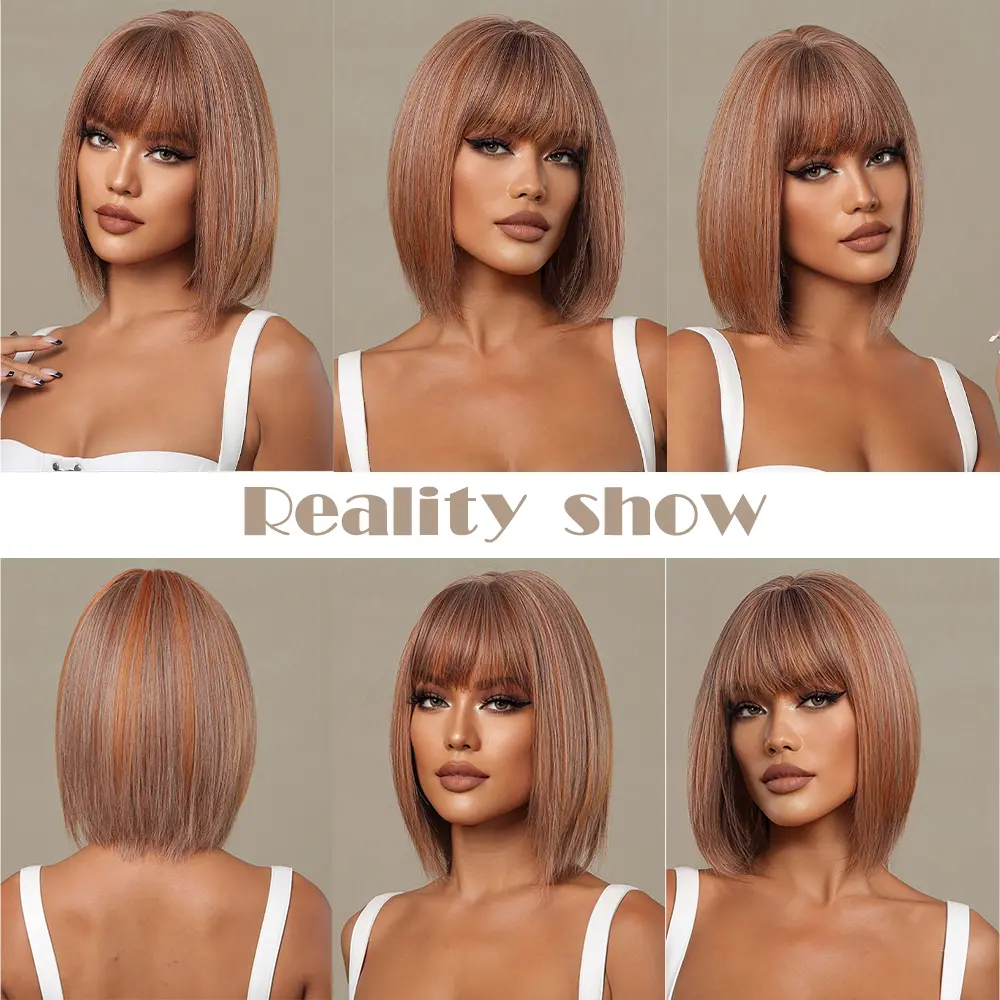 ALAN EATON Short Bob Wig with Bangs Copper Synthetic Wigs for Women Afro Brown Straight Hair Natural Cosplay Wig Heat Resistant